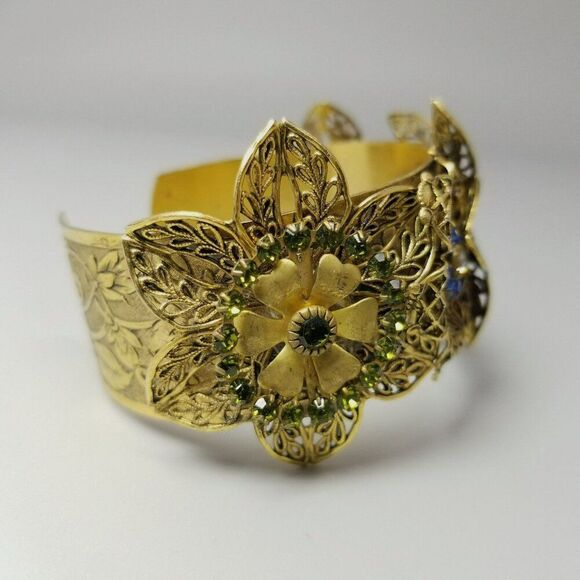 Vintage Blue Green Rhinestone Flower Filigree Cuff Bangle Bracelet, Gold Tone - Picture 3 of 9